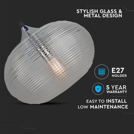 V-TAC Lampadario LED a Sfera in Vetro Ondulato e Metallo con Portalampada E27 (Max 60W) Colore Nero Trasparente