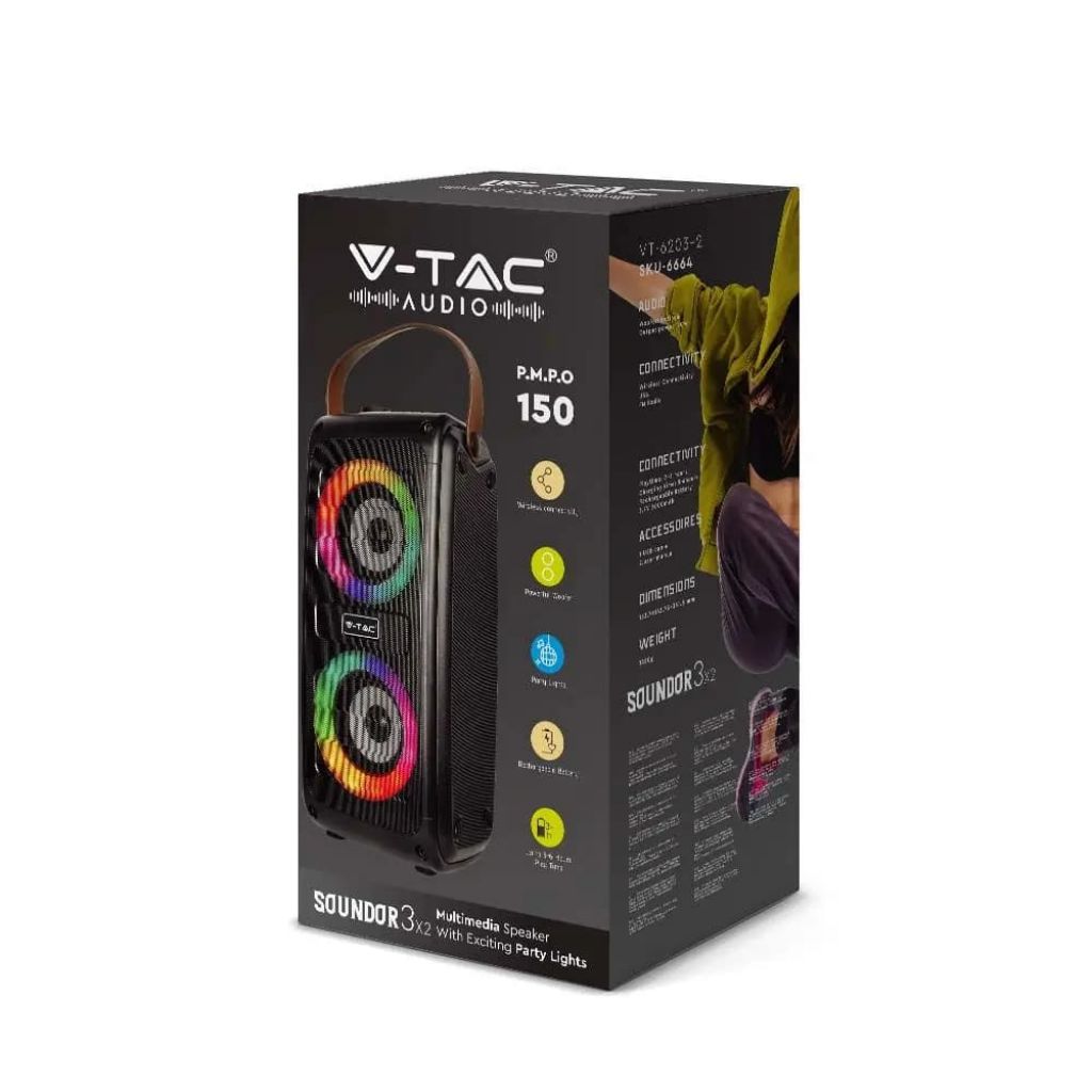 V-TAC Altoparlante Ricaricabile 2*10W con USB e Scheda TF RGB 2*3Pollici