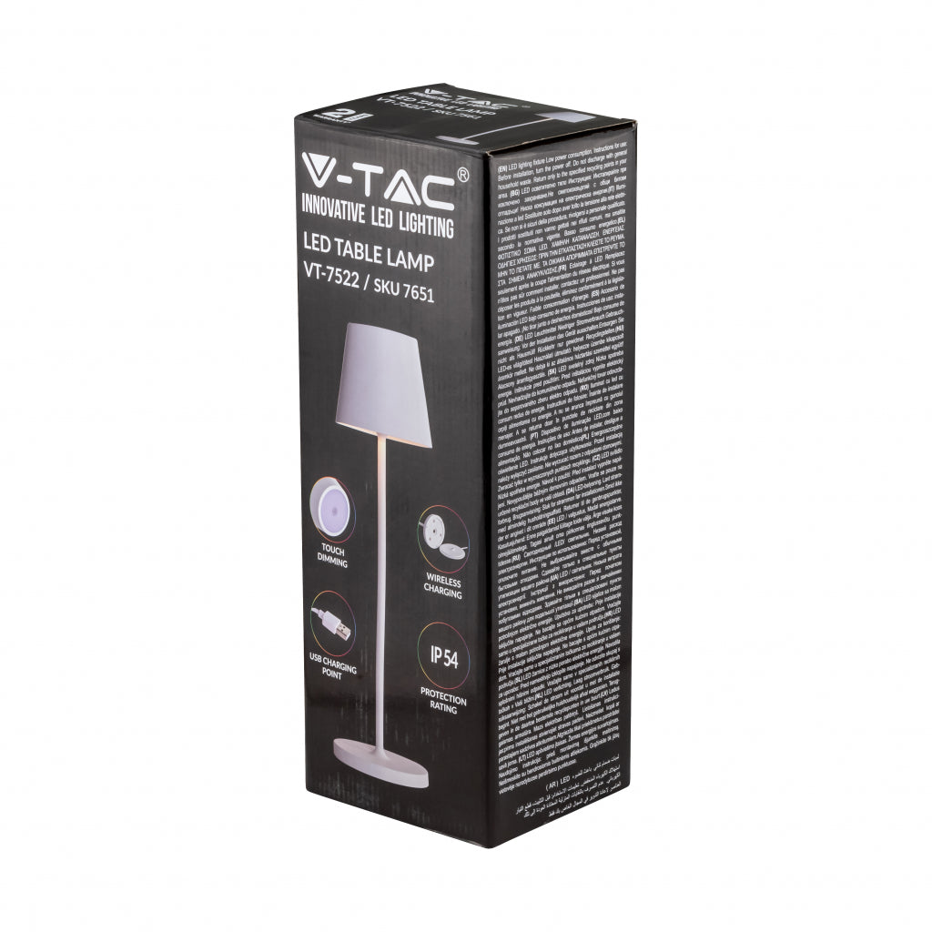V-TAC Lampada LED da Tavolo 2W Colore Bianco in Alluminio con caricatore Wireless e Touch Dimmerabile 3000K IP54