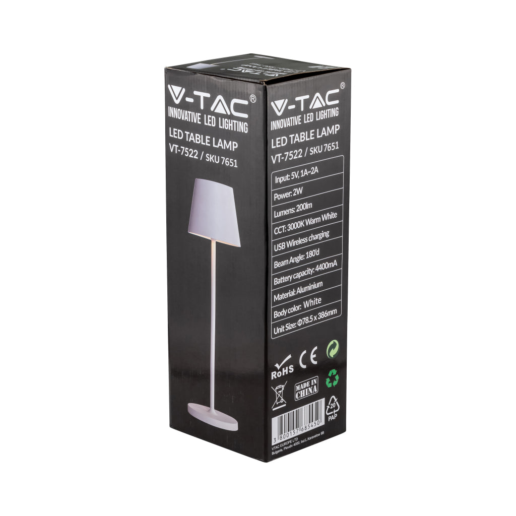V-TAC Lampada LED da Tavolo 2W Colore Bianco in Alluminio con caricatore Wireless e Touch Dimmerabile 3000K IP54