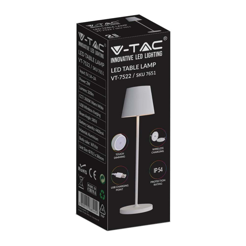 V-TAC Lampada LED da Tavolo 2W Colore Bianco in Alluminio con caricatore Wireless e Touch Dimmerabile 3000K IP54