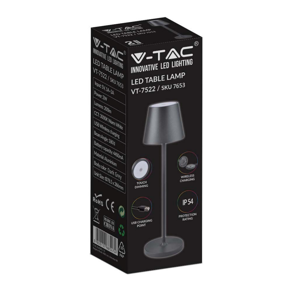 V-TAC Lampada LED da Tavolo 2W Colore Grigio in Alluminio con caricatore Wireless e Touch Dimmerabile 3000K IP54