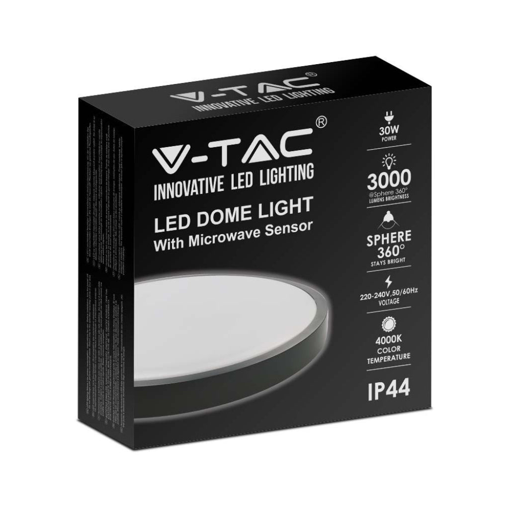 V-TAC Plafoniera LED Rotonda 30W con Sensore di Movimento a Microonde Colore Nero 4000K IP44