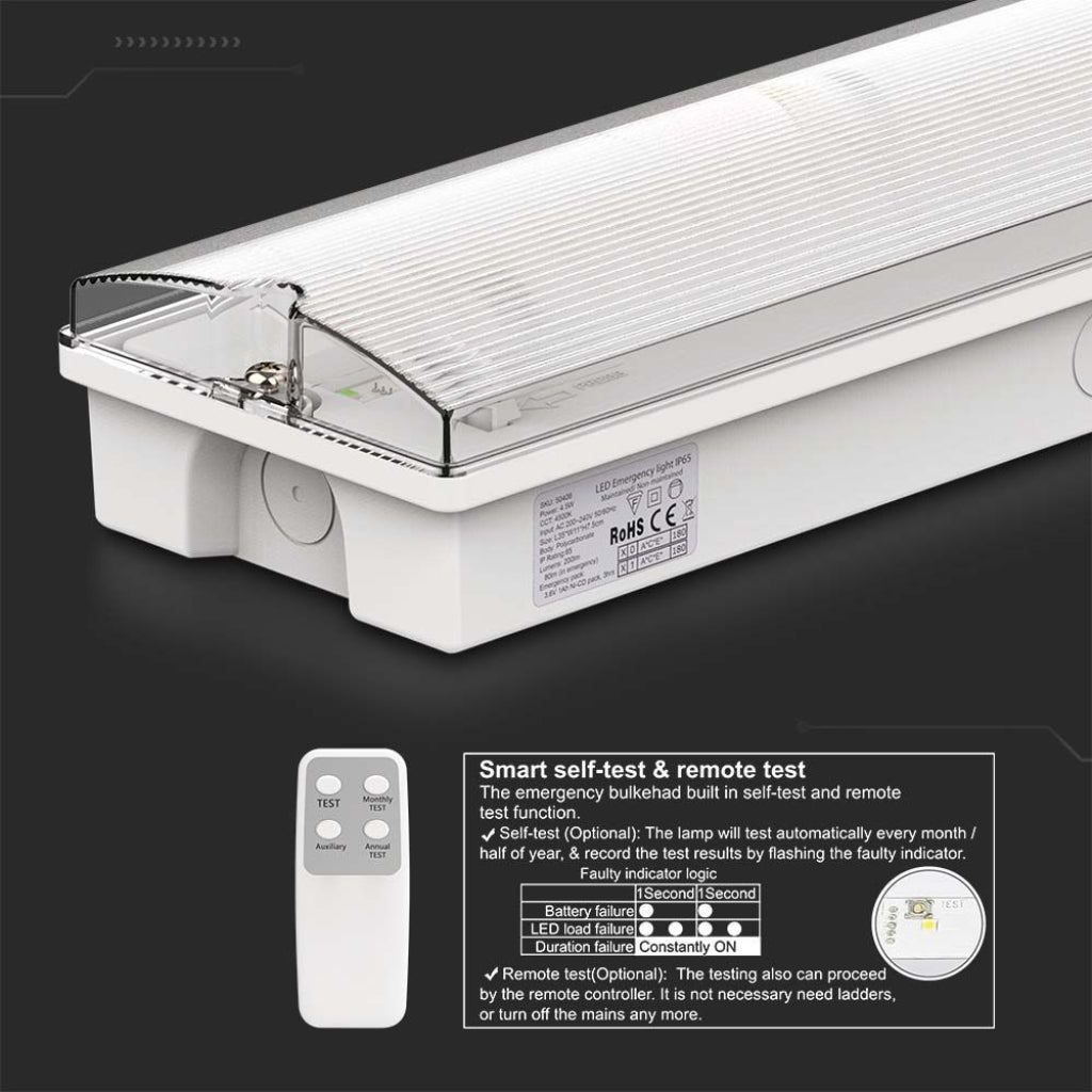 V-TAC Lampada LED di emergenza con Installazione a Parete e Pulsante di Autotest, Autonomia 3h, Compatibile con Telecomando RF 6000K IP65