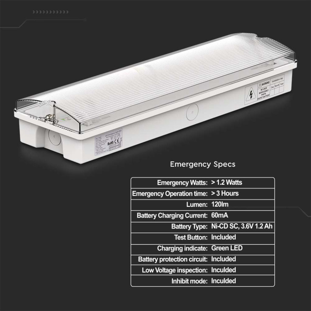 V-TAC Lampada LED di emergenza con Installazione a Parete e Pulsante di Autotest, Autonomia 3h, Compatibile con Telecomando RF 6000K IP65