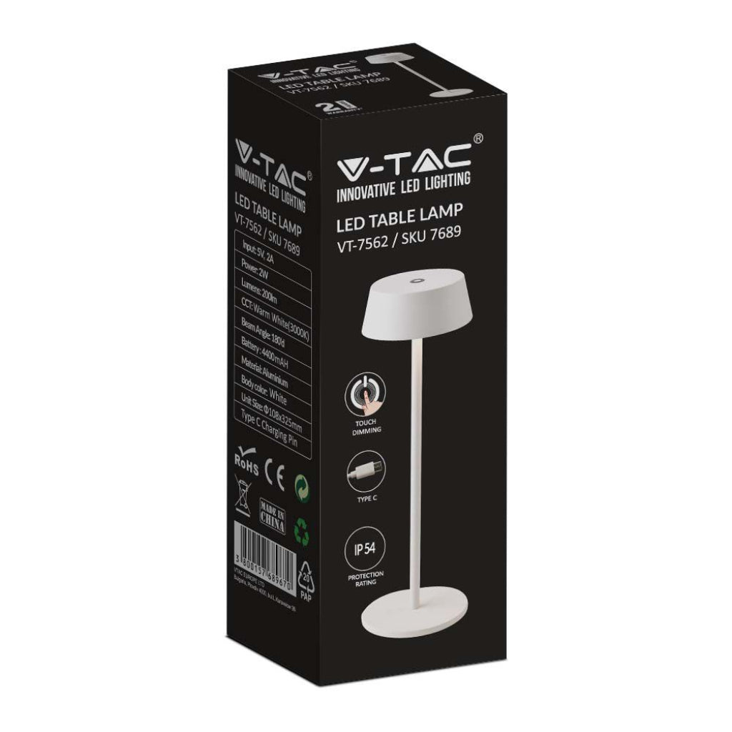 V-TAC Lampada LED da Tavolo 2W Colore Bianco in Alluminio ricaricabile con USB C Touch Dimmerabile 3000K IP54
