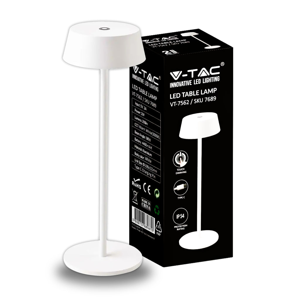 V-TAC Lampada LED da Tavolo 2W Colore Bianco in Alluminio ricaricabile con USB C Touch Dimmerabile 3000K IP54