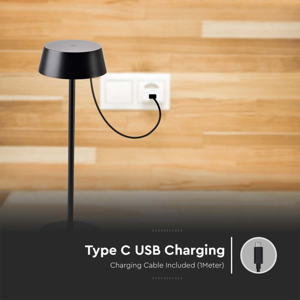 V-TAC Lampada LED da Tavolo 2W Colore Nero in Alluminio ricaricabile con USB C Touch Dimmerabile 3000K