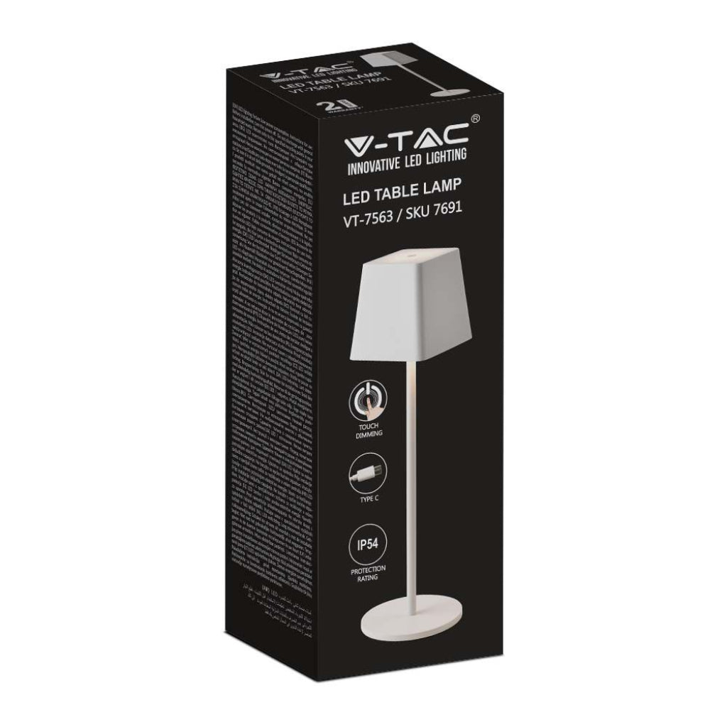 V-TAC Lampada LED da Tavolo 2W Colore Bianco in Alluminio ricaricabile con USB C Touch Dimmerabile 3000K IP54