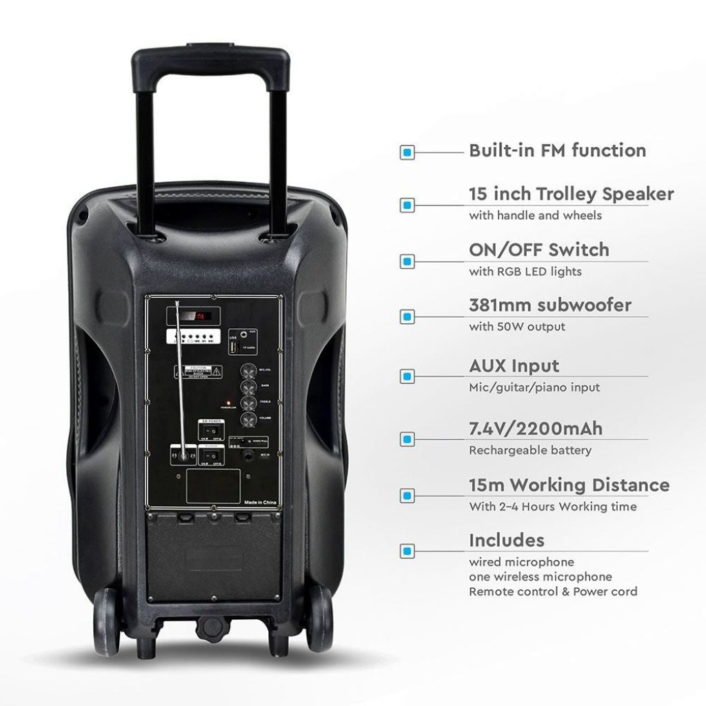 V-TAC Altoparlante Trolley Ricaricabile 50W con Microfono Wireless + uno Cablato Telecomando RGB per Cassa 15 pollici