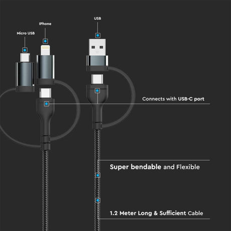 V-TAC Cavo 5in1 da USB Tipo-C, USB-A a USB Tipo-C, Micro-USB, Lightning (iPhone) 1.2m Ricarica Rapida 3.1A 60W Colore Nero