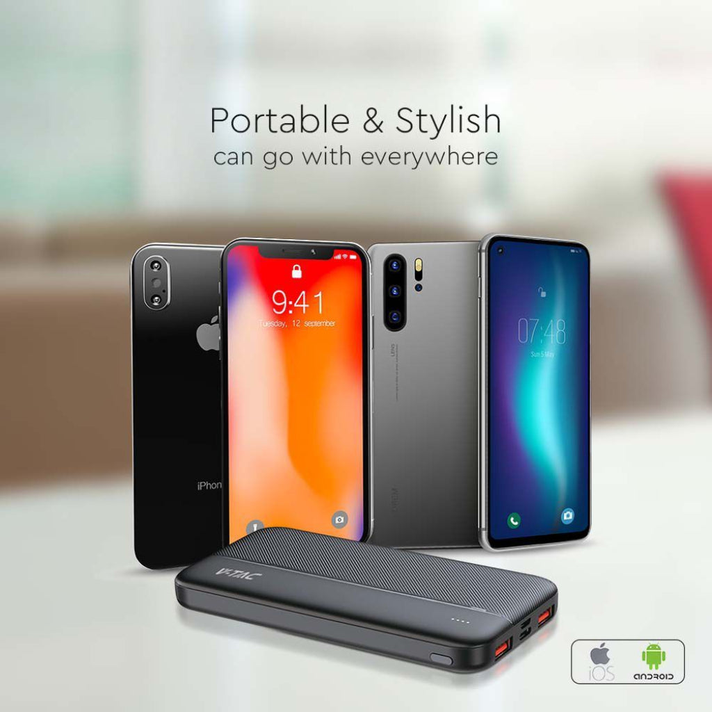 V-TAC Power Bank 10000mAh con Ricarica Rapida PD Power Delivery 22.5W, 2 USB-A, USB Type-C, Micro USB, Colore Nero