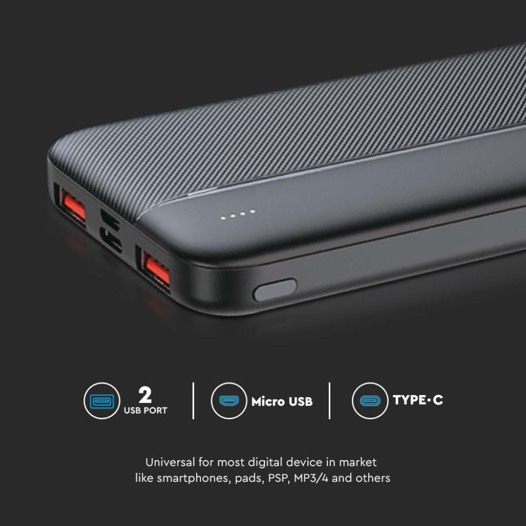 V-TAC Power Bank 10000mAh con Ricarica Rapida PD Power Delivery 22.5W, 2 USB-A, USB Type-C, Micro USB, Colore Nero
