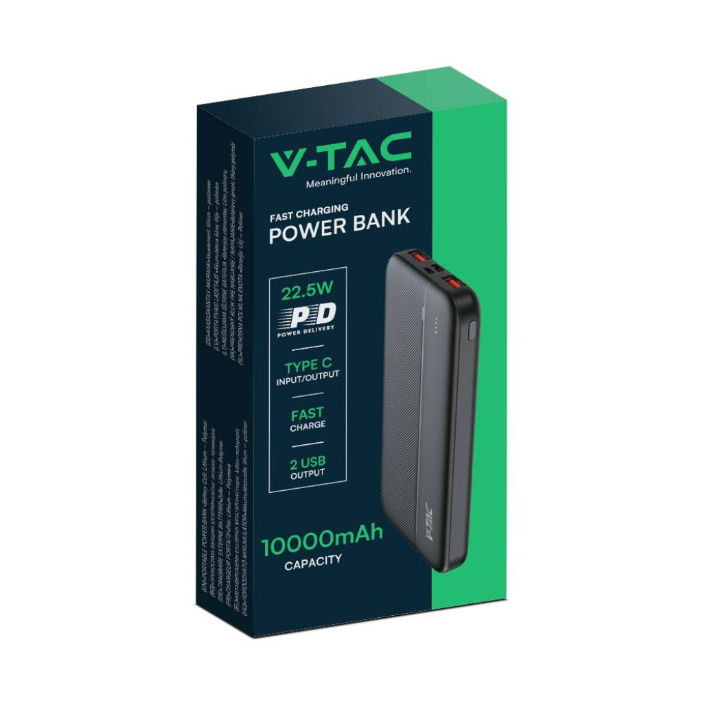 V-TAC Power Bank 10000mAh con Ricarica Rapida PD Power Delivery 22.5W, 2 USB-A, USB Type-C, Micro USB, Colore Nero