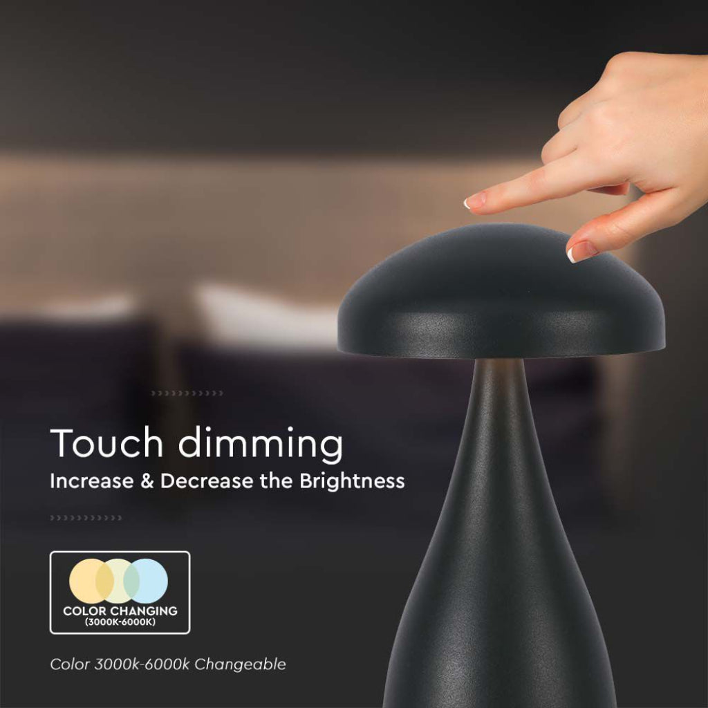 V-TAC Lampada LED da Tavolo 1W con Batteria 800mAh Ricaricabile USB C Colore Nero in Metallo Touch Dimmerabile 3in1