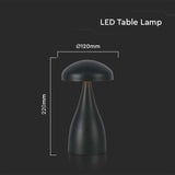 V-TAC Lampada LED da Tavolo 1W con Batteria 800mAh Ricaricabile USB C Colore Nero in Metallo Touch Dimmerabile 3in1