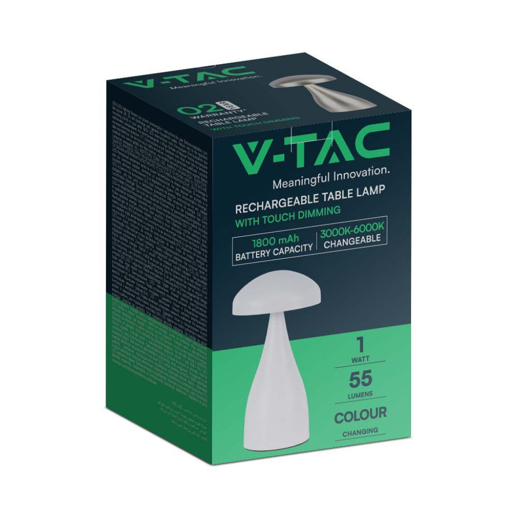 V-TAC Lampada LED da Tavolo 1W con Batteria 800mAh Ricaricabile USB C Colore Bianco in Metallo Touch Dimmerabile 3in1