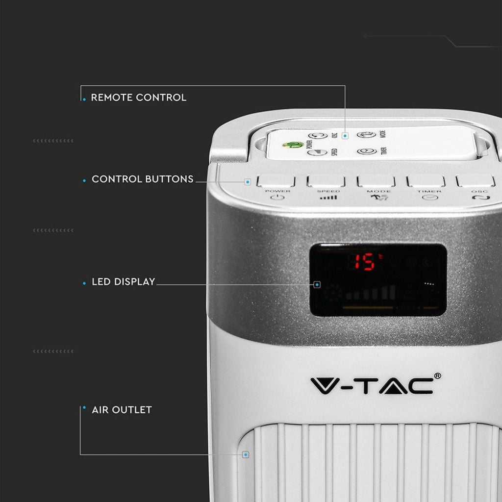 V-TAC Ventilatore a Torre 55W con Display LED con Indicatore di Temperatura e Telecomando Colore Bianco 92cm