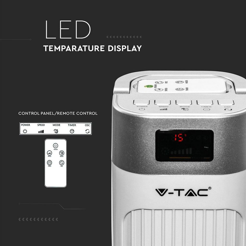 V-TAC Ventilatore a Torre 55W con Display LED con Indicatore di Temperatura e Telecomando Colore Bianco 92cm