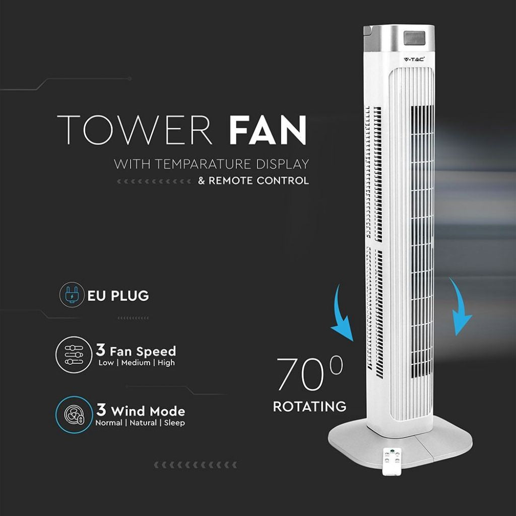 V-TAC Ventilatore a Torre 55W con Display LED con Indicatore di Temperatura e Telecomando Colore Bianco 92cm