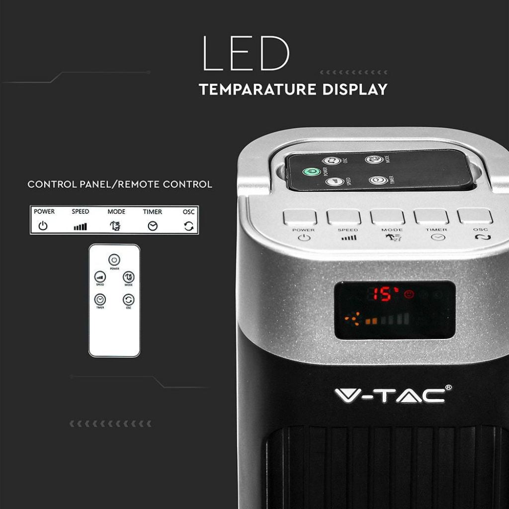 V-TAC Ventilatore a Torre 55W con Display LED con Indicatore di Temperatura e Telecomando Colore Nero 120cm