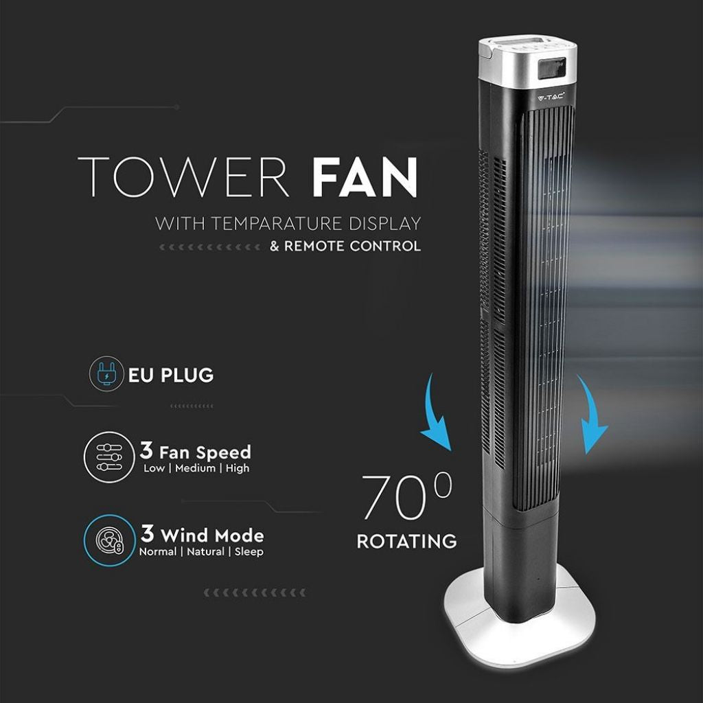 V-TAC Ventilatore a Torre 55W con Display LED con Indicatore di Temperatura e Telecomando Colore Nero 120cm