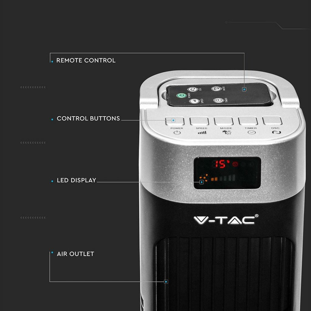 V-TAC Ventilatore a Torre 55W con Display LED con Indicatore di Temperatura e Telecomando Colore Nero 120cm