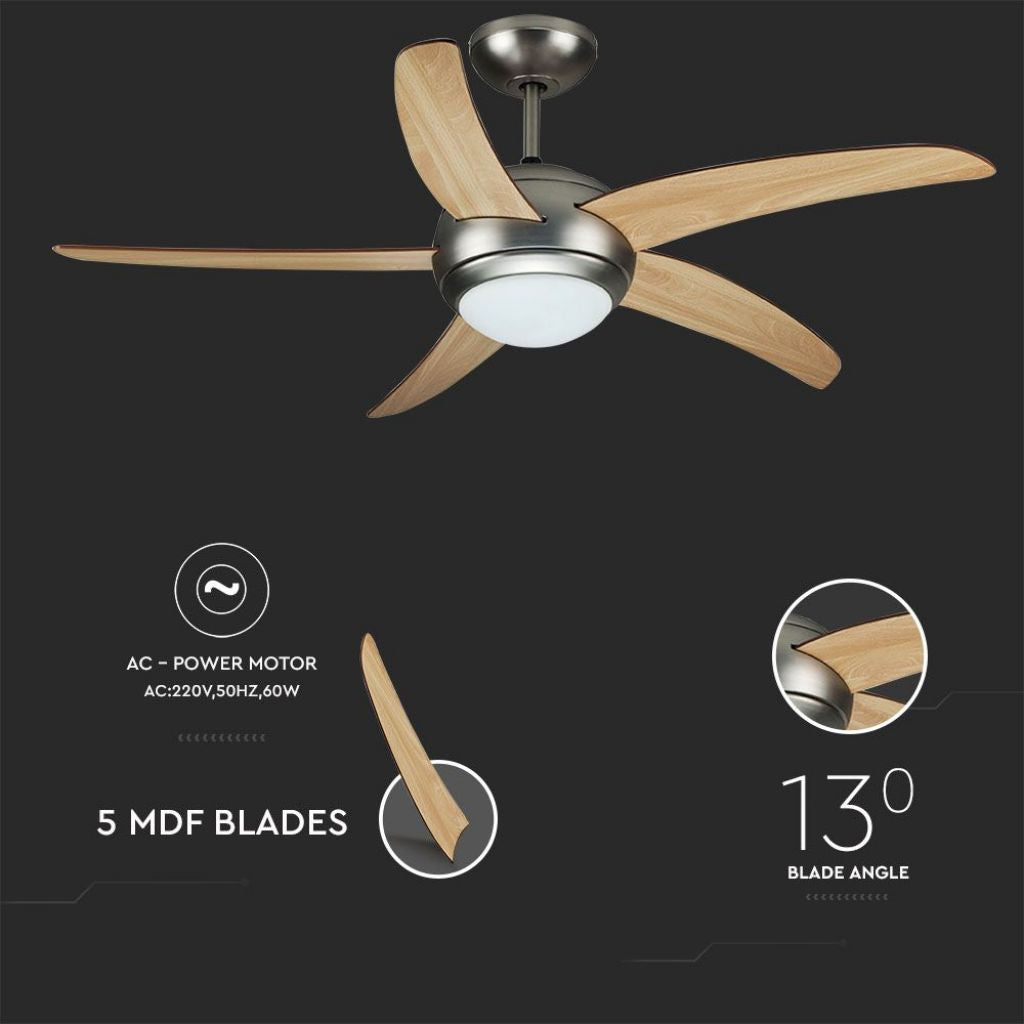 V-TAC Ventilatore LED da Soffitto 2*E27 con Motore a Corrente Alternata da 60W con Telecomando 5 pale (Mdf Chiare)