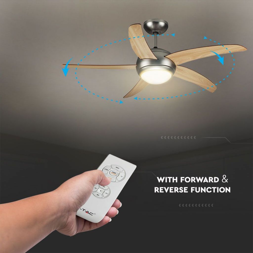 V-TAC Ventilatore LED da Soffitto 2*E27 con Motore a Corrente Alternata da 60W con Telecomando 5 pale (Mdf Chiare)