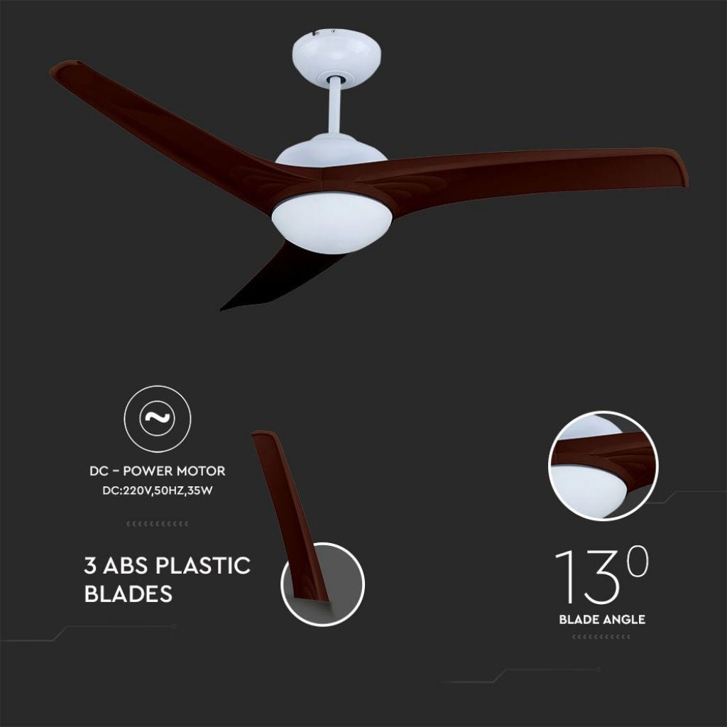 V-TAC Ventilatore LED da Soffitto 15W 3 in 1 con Motore a Corrente Continua da 35W con Telecomando 3 pale Marroni