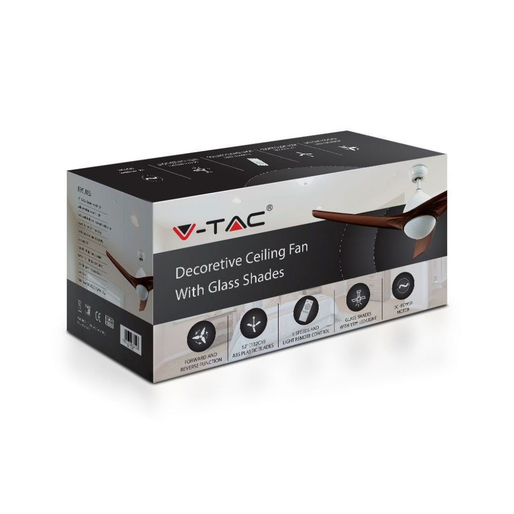V-TAC Ventilatore LED da Soffitto 15W 3 in 1 con Motore a Corrente Continua da 35W con Telecomando 3 pale Marroni