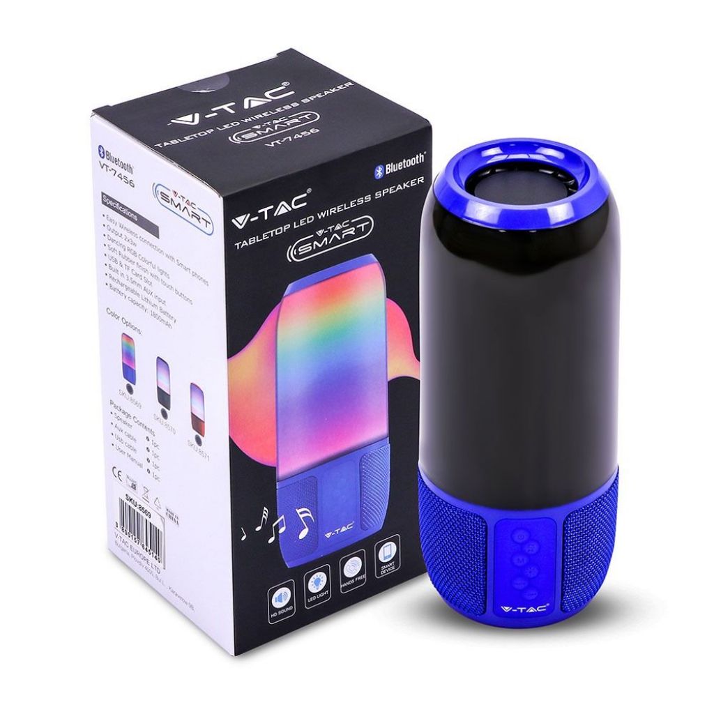 V-TAC Lampada LED da Tavolo 2 LED 3W Multifunzione Speaker Bluetooth USB e TF CARD Colore Blu con Luci RGB