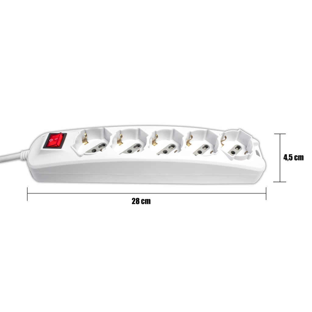 V-TAC Multipresa con 5 Prese 10/16A 2P+T Bipasso/Schuko 45° e Interruttore Generale Luminoso e Cavo 1,5m Spina 16A 2P+T Colore Bianco