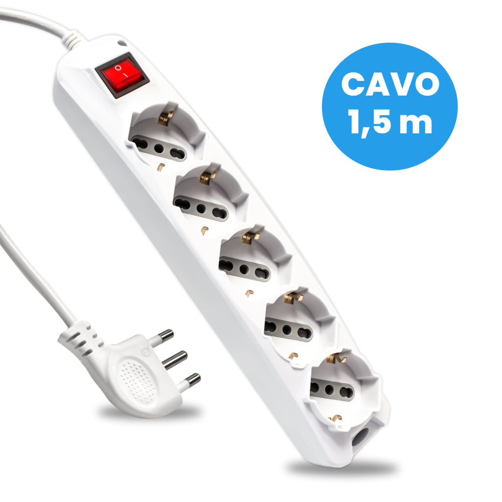 V-TAC Multipresa con 5 Prese 10/16A 2P+T Bipasso/Schuko 45° e Interruttore Generale Luminoso e Cavo 1,5m Spina 16A 2P+T Colore Bianco