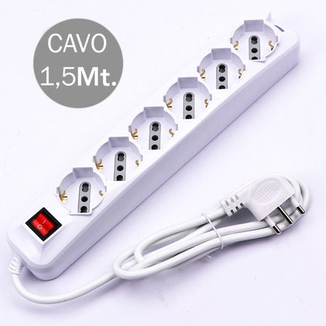 V-TAC Multipresa con 6 Prese 10/16A 2P+T Bipasso/Schuko 45° e Interruttore Generale Luminoso e Cavo 1,5m Spina 16A 2P+T Colore Bianco