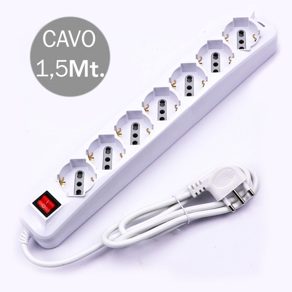 V-TAC Multipresa con 7 Prese 10/16A 2P+T Bipasso/Schuko 45° e Interruttore Generale Luminoso e Cavo 1,5m Spina 16A 2P+T Colore Bianco