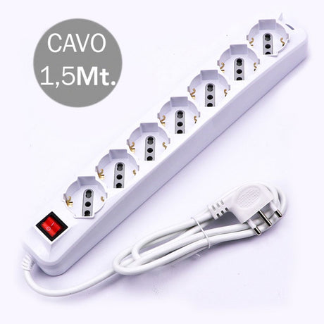 V-TAC Multipresa con 7 Prese 10/16A 2P+T Bipasso/Schuko 45° e Interruttore Generale Luminoso e Cavo 1,5m Spina 16A 2P+T Colore Bianco